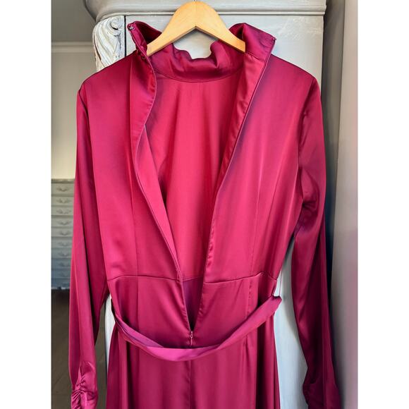 Alexia Admor Dress Sz 8 Red Satin Maxi Faux Wrap Belted High Neck Long Sleeve - Picture 6 of 13